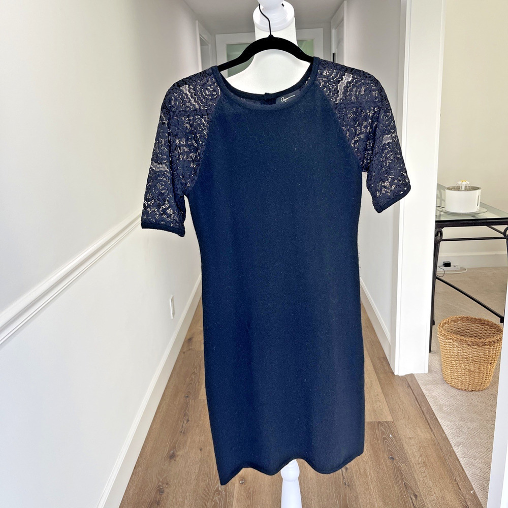 Aqua Sz M Black Cashmere Short Sleeve Crew Neck Knee Length Sweater Dress FLAW